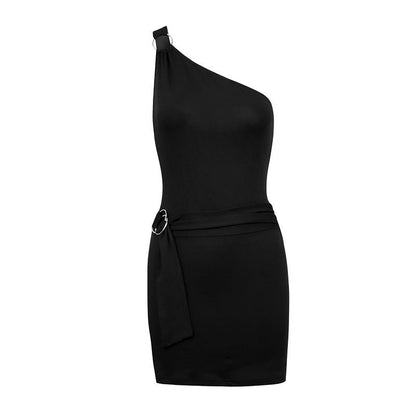 One-Shoulder Bodycon Mini Dress with Ring Detail and Waist Tie