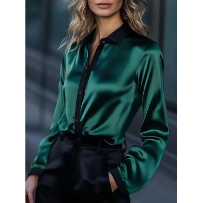 Satin Button-Down Shirt with Contrast Trim