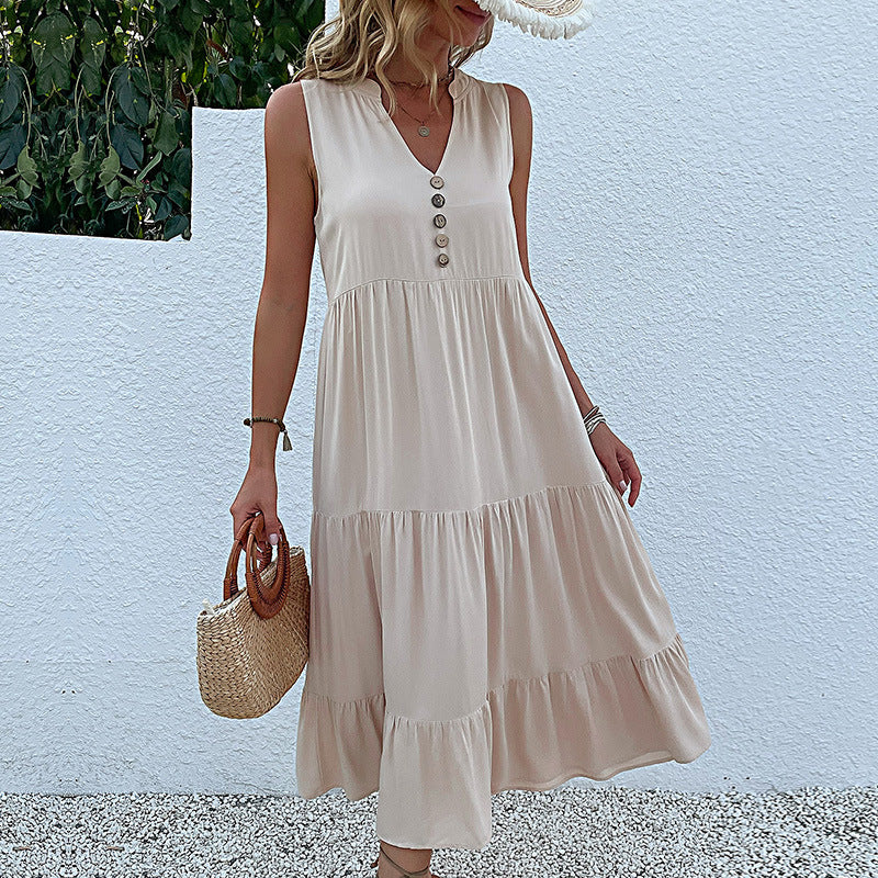 Solid A-Line Tiered Midi Dress with V-Neck and Sleeveless