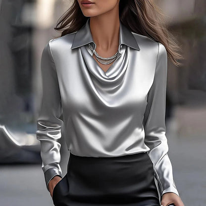 Long Sleeve Blouse with Draped Cowl Neck