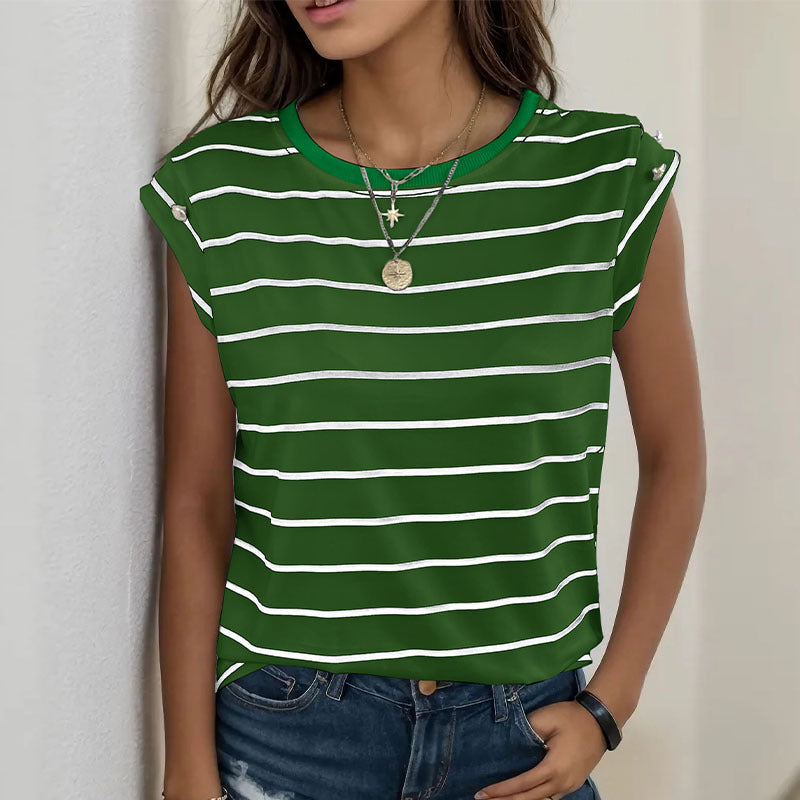 Striped Loose Fit Sleeveless T-Shirt with Button Detail