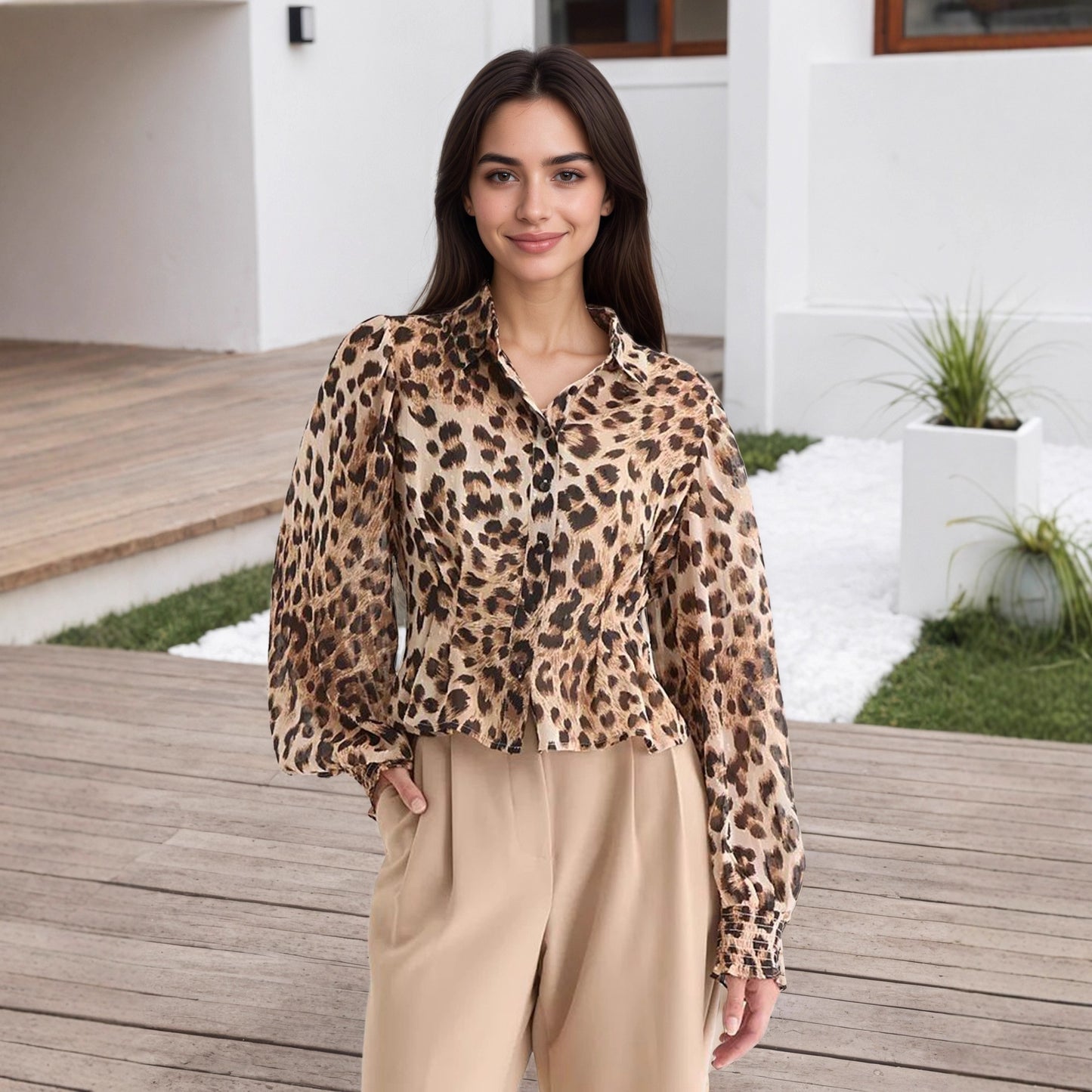 Leopard Print Blouse with Lapel Collar and Puff Sleeves