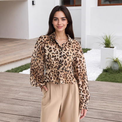 Leopard Print Blouse with Lapel Collar and Puff Sleeves