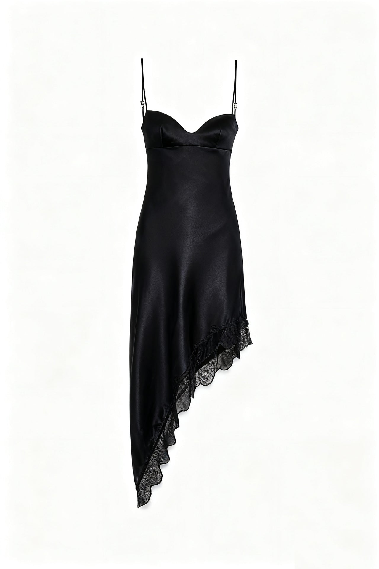 Asymmetrical Viscose Satin Slip Dress with Lace Trim