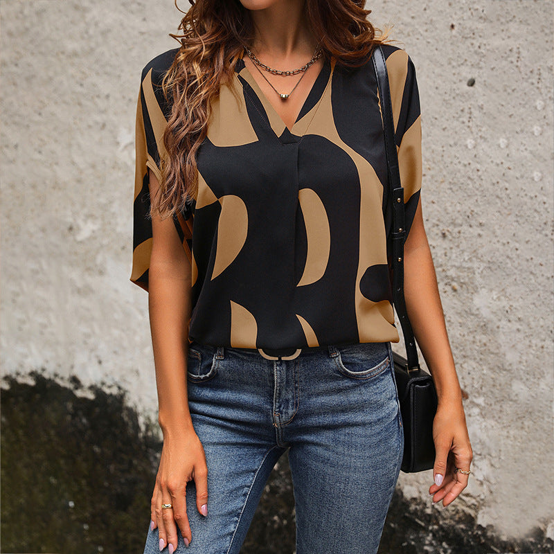 Abstract Print Blouse with V-Neck and Dolman Sleeves