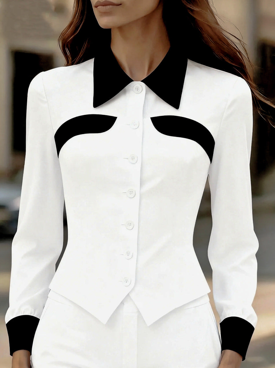 Slim Fit Contrasting Panel Blouse with Pointed Hem