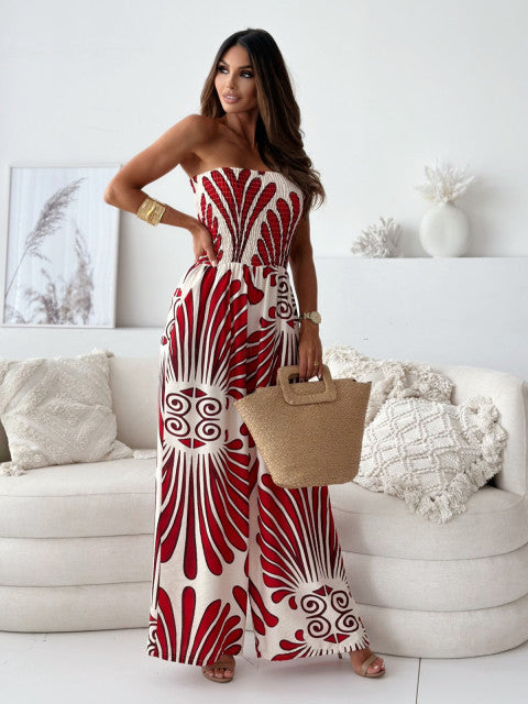 Printed Wide-Leg Jumpsuit with Smocked Tube Top