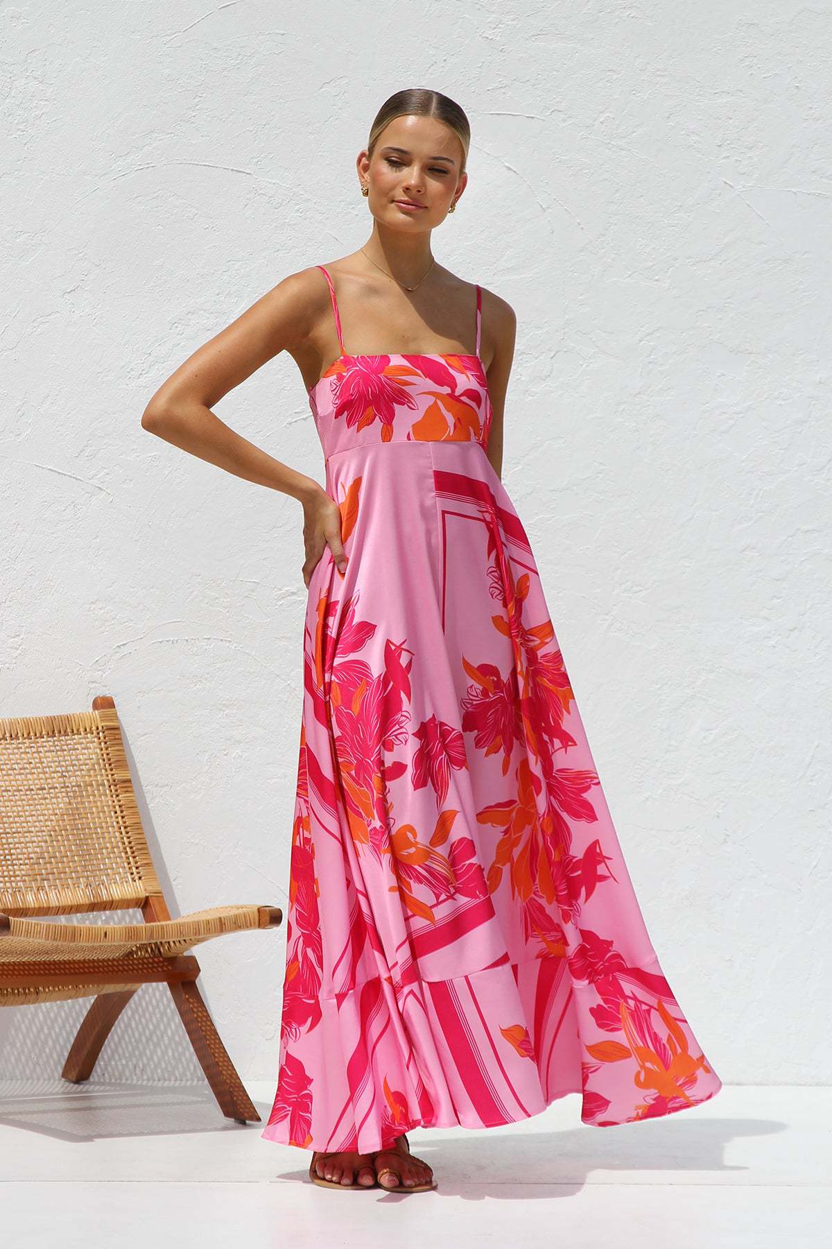 A-Line Maxi Dress with Abstract Print and Spaghetti Straps