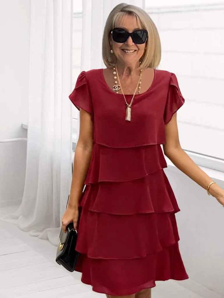 Tiered Dress with Short Sleeves and Round Neck