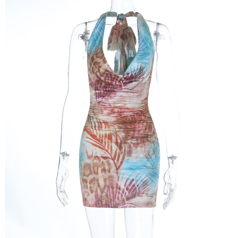 Halter Neck Sleeveless Geometric Print Midi Dress Black White