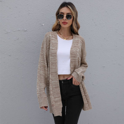 Mid-Length Striped Knit Cardigan with Open Front