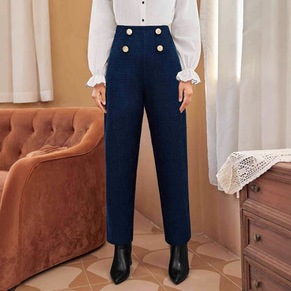Textured Straight-Leg Trousers with High-Waist & Buttons