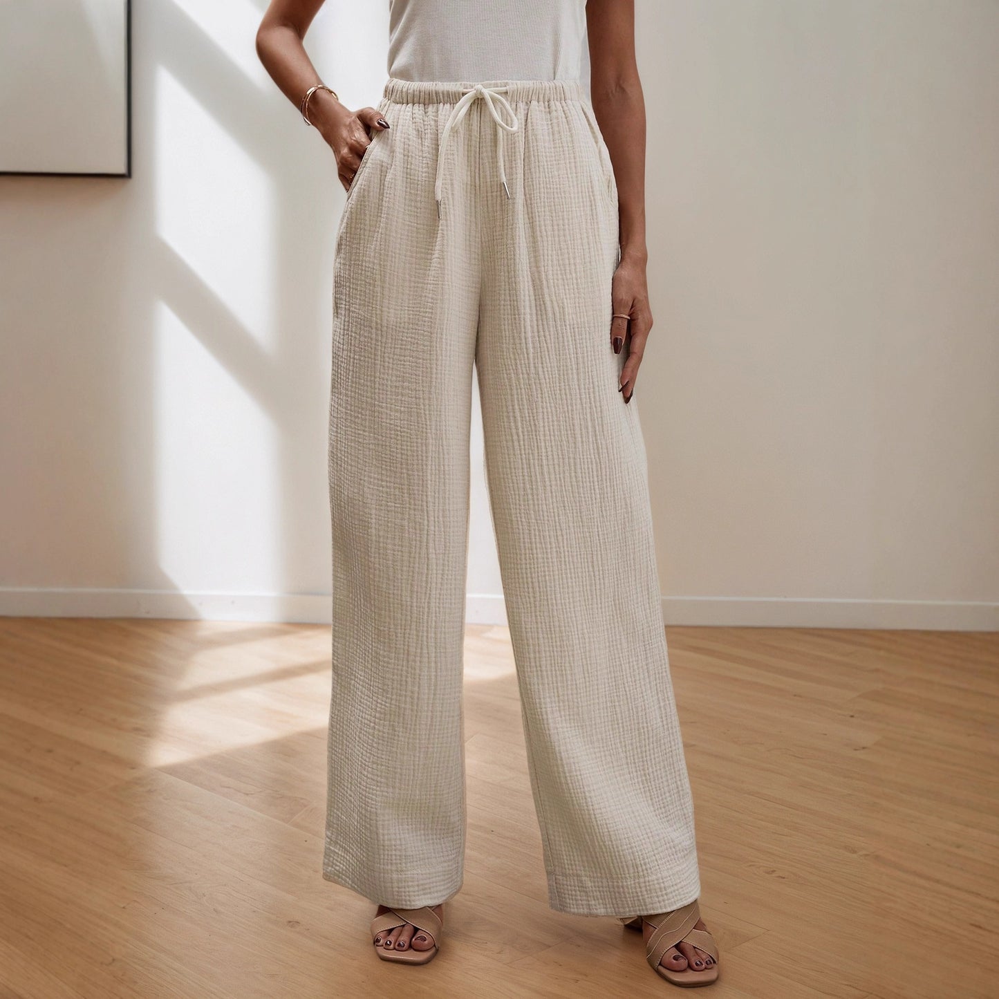 Wide-Leg Pants with Drawstring Waist and Textured Fabric