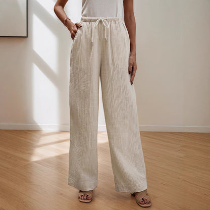 Wide-Leg Pants with Drawstring Waist and Textured Fabric