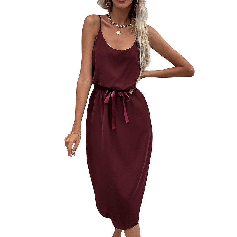 Solid A-Line Midi Dress with Spaghetti Straps and Waist Tie