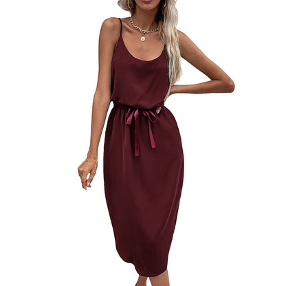 Solid A-Line Midi Dress with Spaghetti Straps and Waist Tie