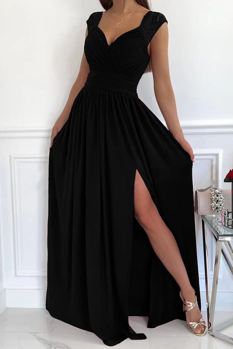 A-Line Maxi Dress with Ruched V-Neck and High Slit