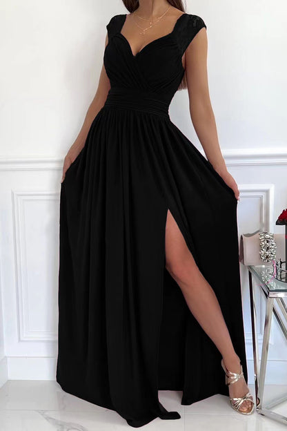 A-Line Maxi Dress with Ruched V-Neck and High Slit