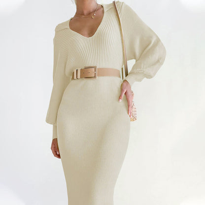 Ribbed Sweater Dress with Lantern Sleeves and Tie-Waist