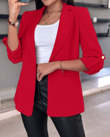 Solid Notched Lapel Blazer with Roll-Up Sleeves
