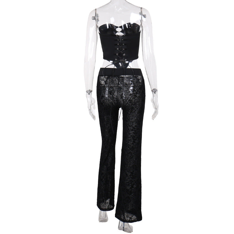 Burnout Velvet Pants Set with Lace-Up Corset and Hip Cutouts