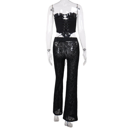 Burnout Velvet Pants Set with Lace-Up Corset and Hip Cutouts