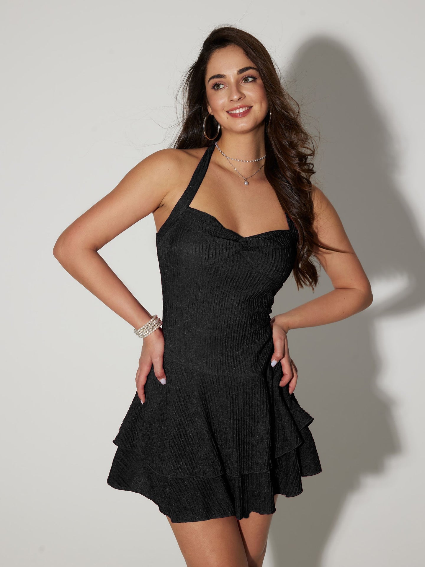 Halterneck A-Line Mini Dress with Tiered Ruffle Skirt