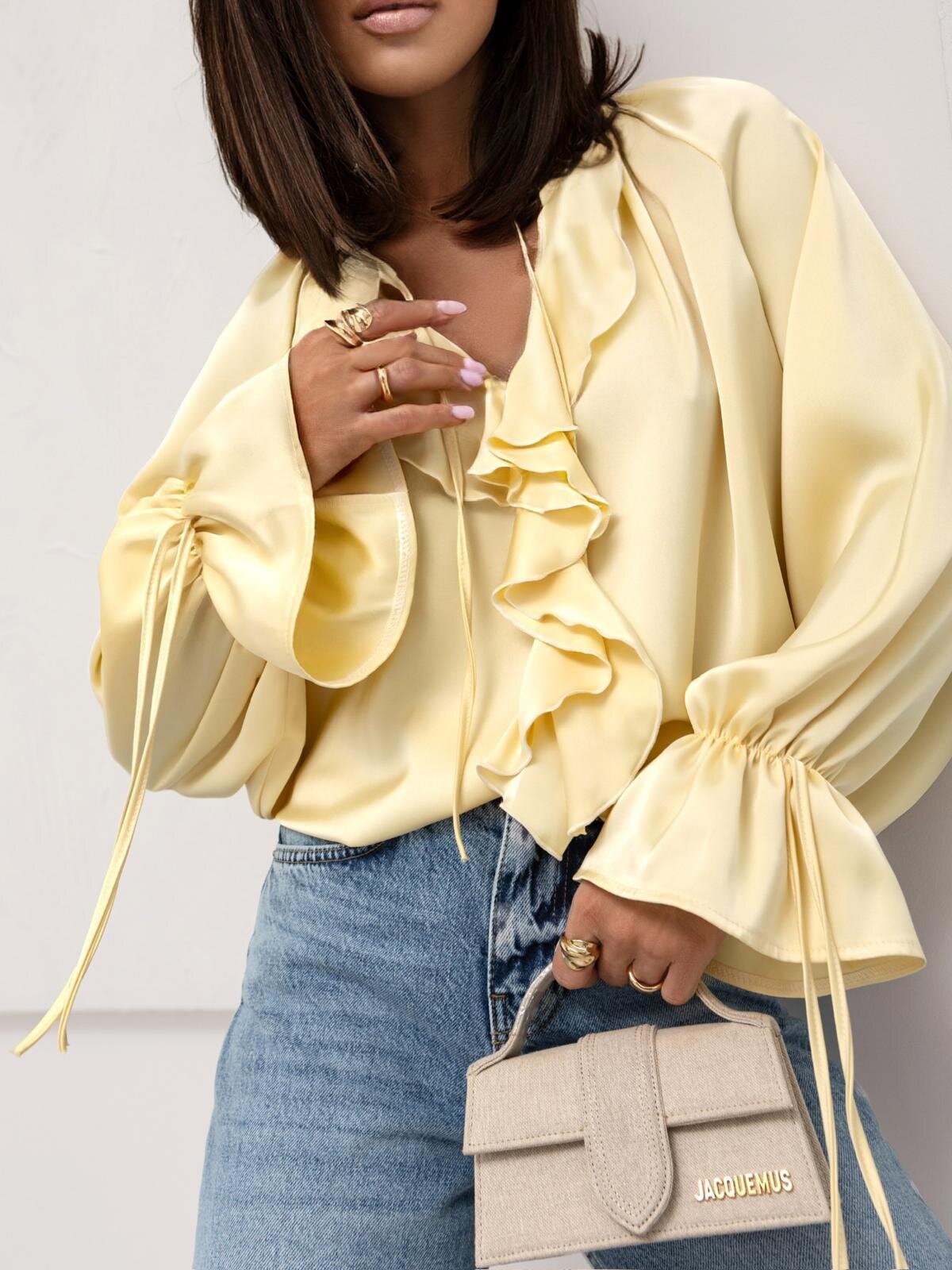 Silky Blouse with Ruffled V-Neck and Tie Cuffs