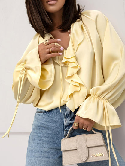 Silky Blouse with Ruffled V-Neck and Tie Cuffs