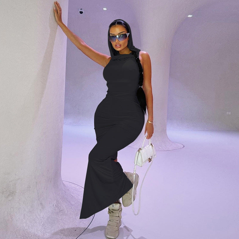 Hooded Sleeveless Bodycon Maxi Dress with Side Slit