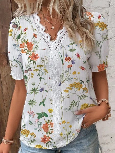 Floral Print Short Sleeve Shirt with Lace V-Neck