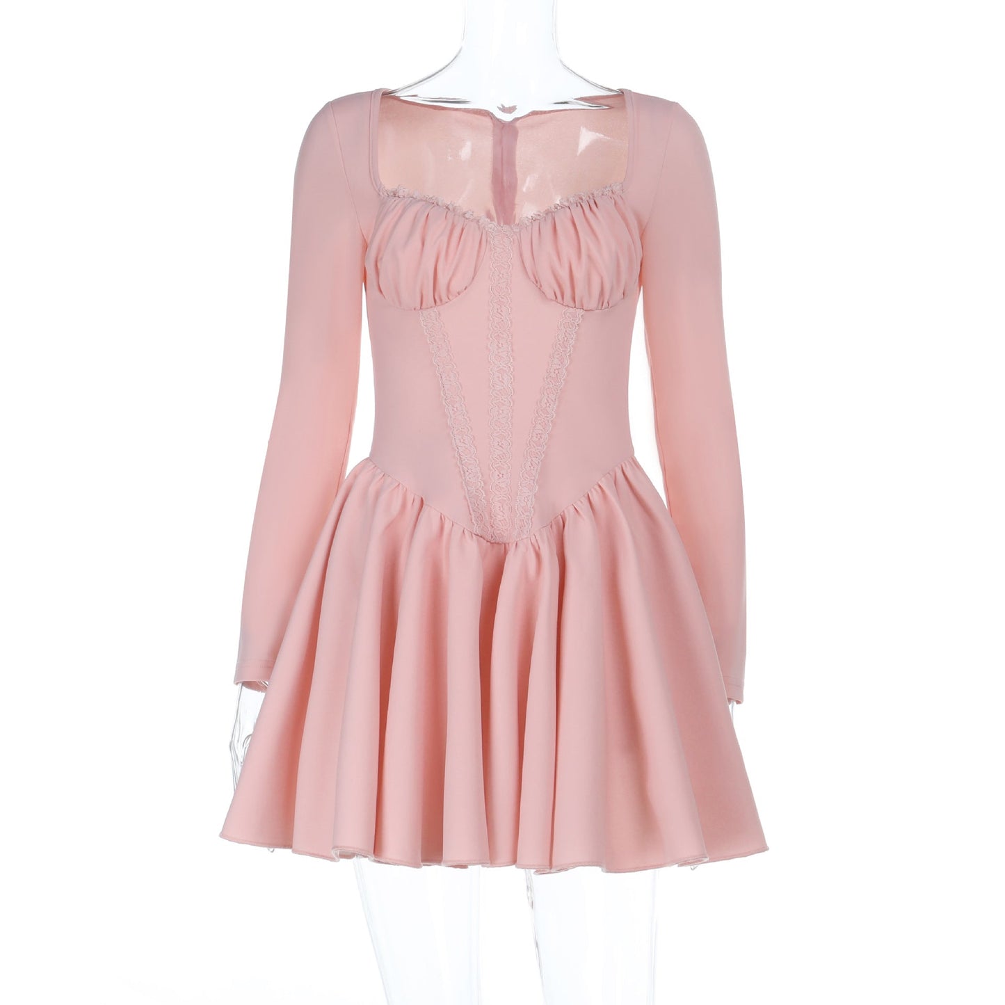 Fit and Flare Mini Dress with Corset Bodice and Long Sleeves