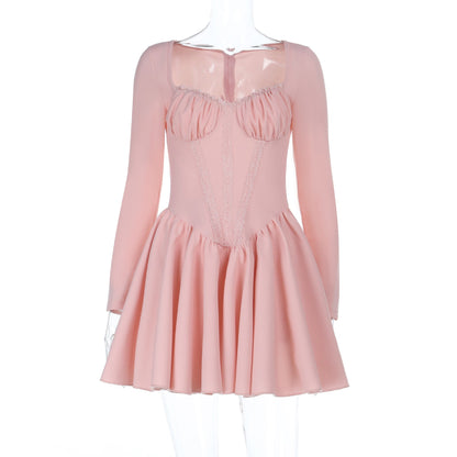 Fit and Flare Mini Dress with Corset Bodice and Long Sleeves
