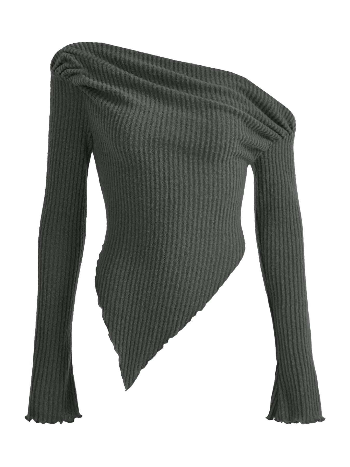 Bodycon Ribbed Knit Pullover with Slant Collar and Irregular Hem