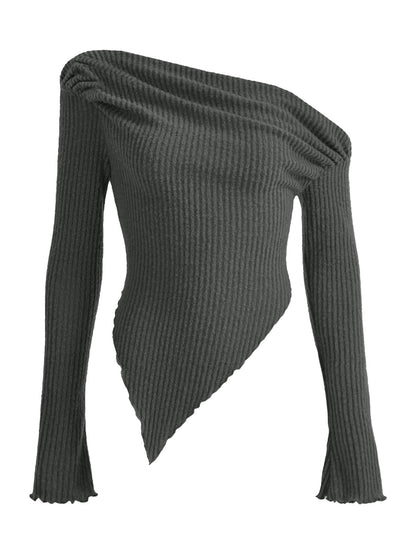 Bodycon Ribbed Knit Pullover with Slant Collar and Irregular Hem