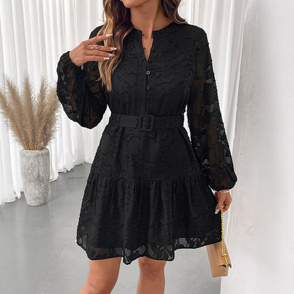 Jacquard Mini Dress with Lantern Sleeves and Belt