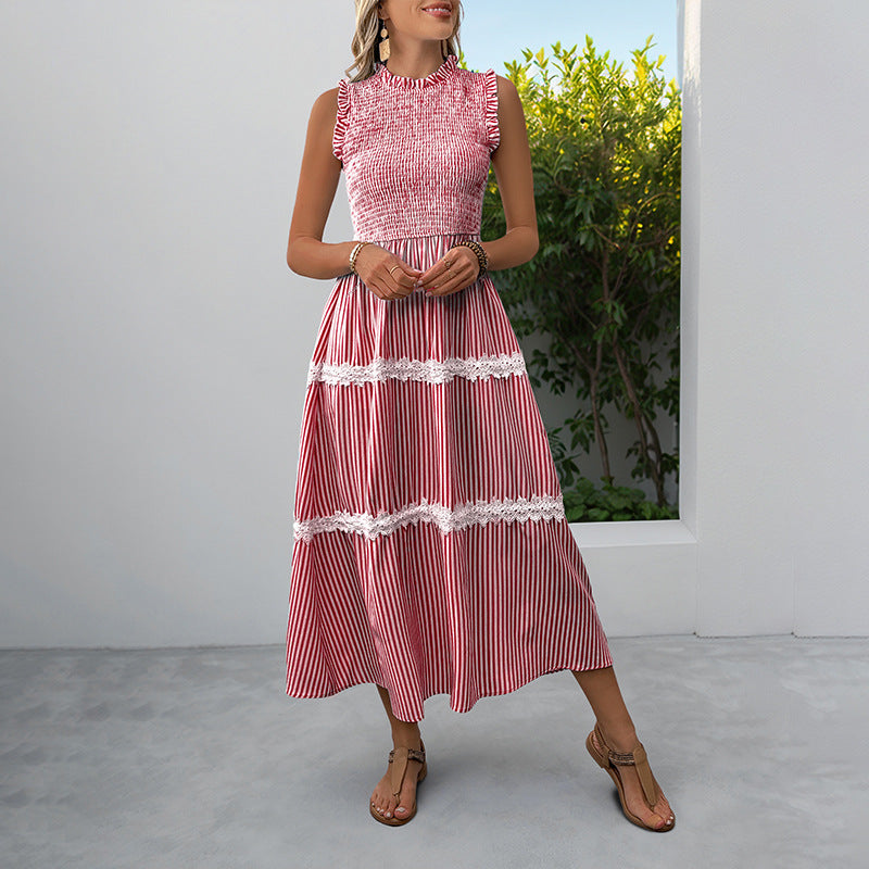 Striped A-Line Midi Dress with Smocked Bodice and Lace Trim