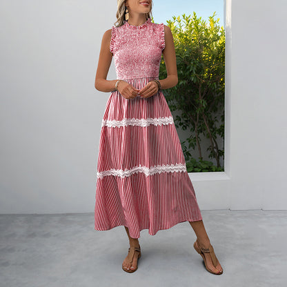 Striped A-Line Midi Dress with Smocked Bodice and Lace Trim