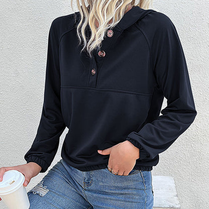 Solid Color Hooded Pullover with Button Placket and Raglan Sleeves