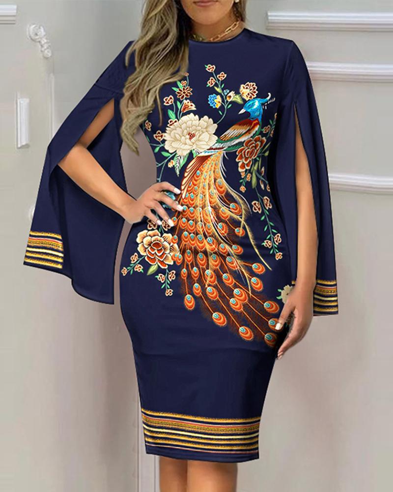 Floral Print Sheath Midi Dress with V-Neck and Slit Sleeves