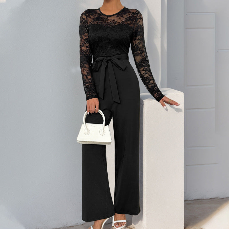 Lace Long Sleeve Jumpsuit with Tie Waist
