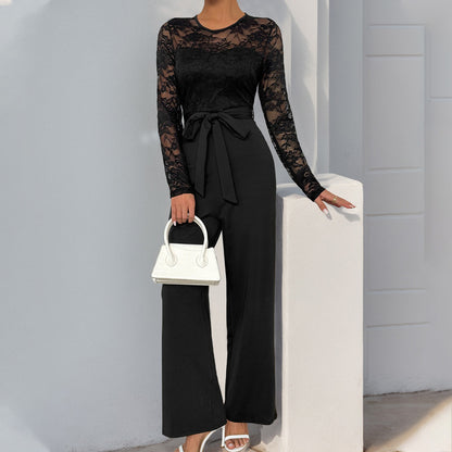 Lace Long Sleeve Jumpsuit with Tie Waist