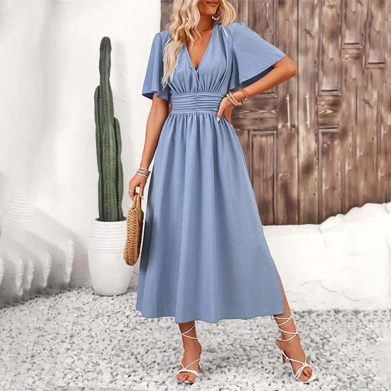 Solid V-Neck Midi Dress with Flutter Sleeves and Elastic Waist
