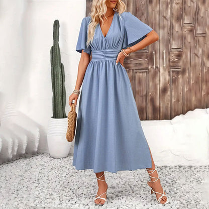 Solid V-Neck Midi Dress with Flutter Sleeves and Elastic Waist