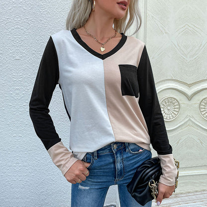 Color-Block Long-Sleeve T-Shirt with V-Neck and Pocket