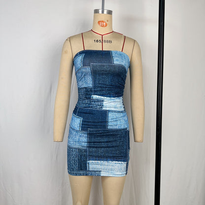 Strapless Bodycon Mini Dress with Patchwork Denim Print