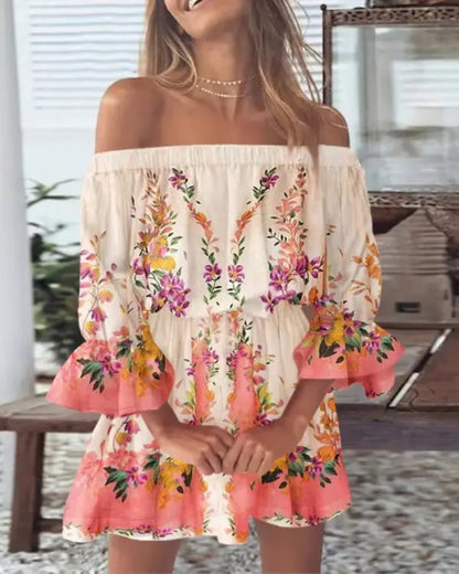 Printed Off-Shoulder Mini Dress with Elasticated Waist