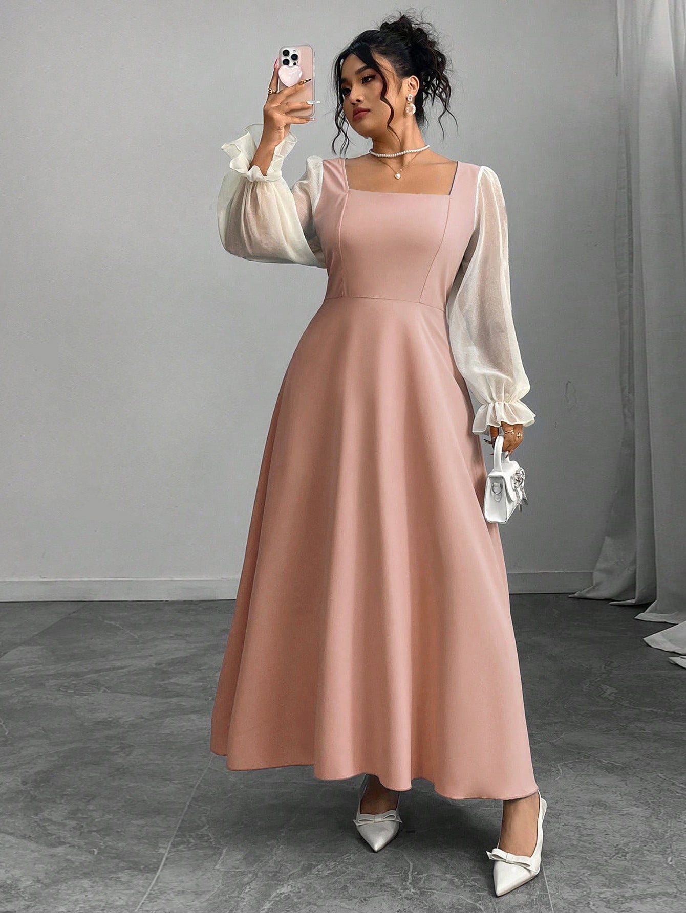 A-Line Maxi Dress with Square Neck and Sheer Puff Sleeves