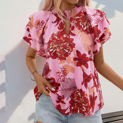 Floral Print Blouse with Tiered Ruffle Sleeves and Keyhole Neck