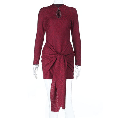 Bodycon Lace Mini Dress with Keyhole Neck and Front Tie Detail